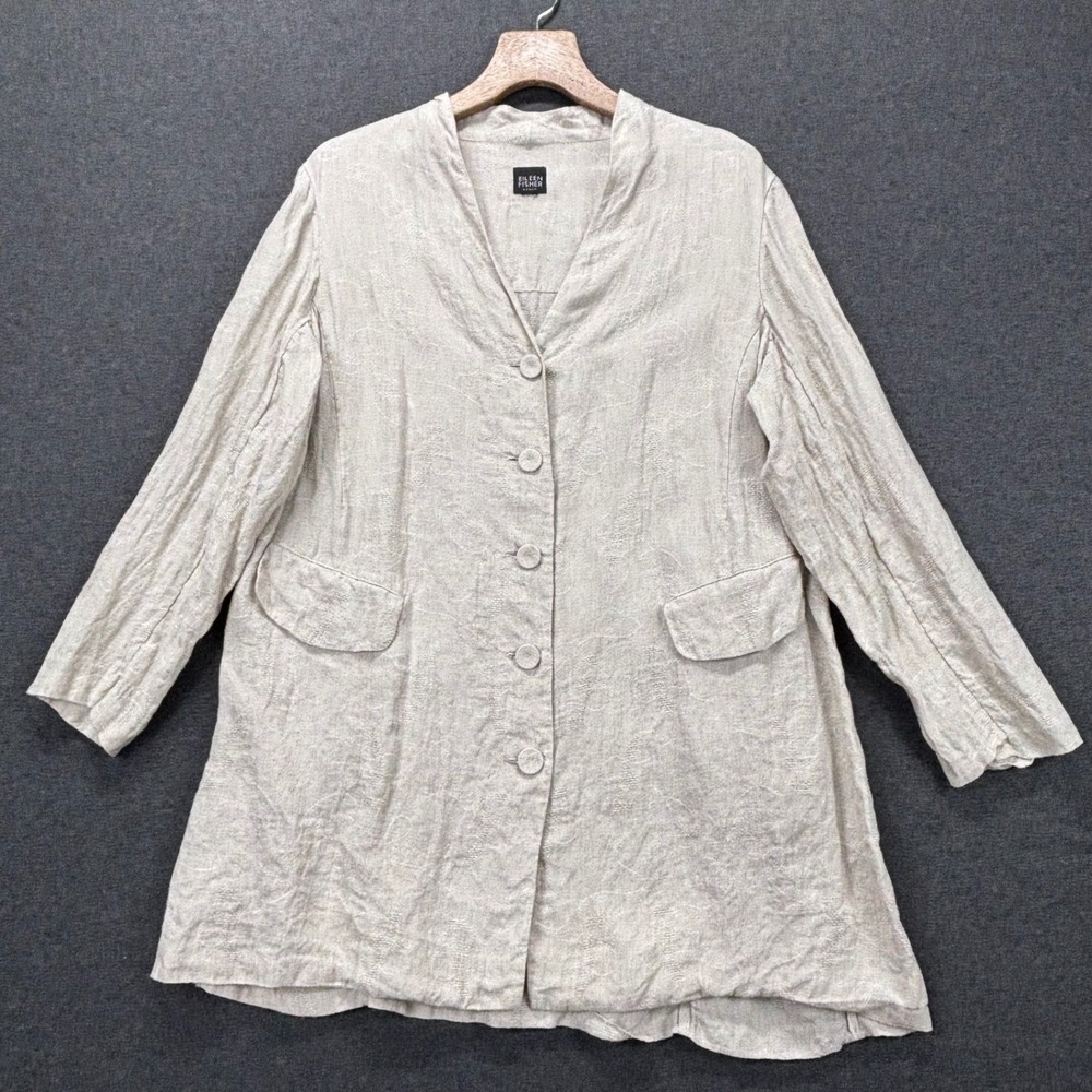 Eileen Fisher Jacket Womens 2X Linen Button Front Long Textured coastal resort